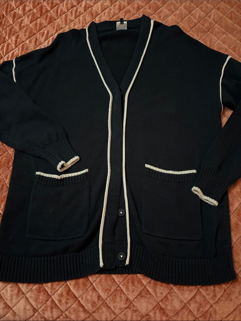 CAbi Black Cardigan with Cream Trim